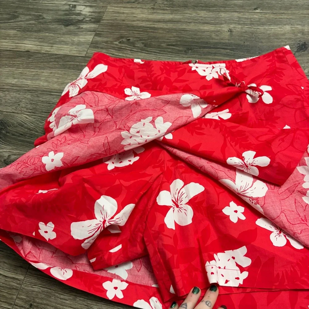 Y2K Vintage Hawaiian Hibiscus Cotton Wrap Mini Skort Skirt Red/White 12